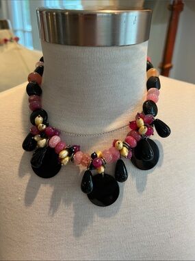 Pink and Black Glass Beaded Statement Necklace - Designer Style